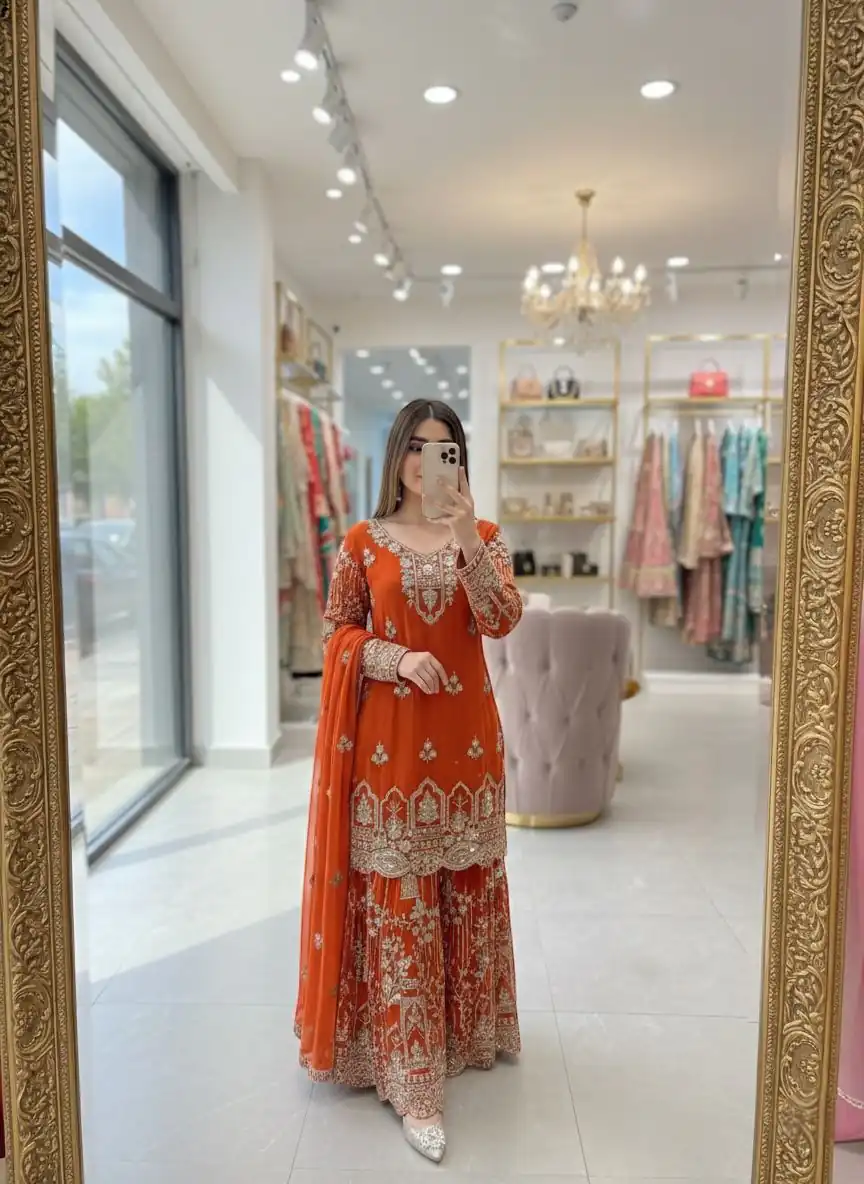 Orange Faux Georgette 5 mm Sequence Work Salwar Suit | Jump Suits, Salwar suit, Casual Suits, Creative suits, Designer Suits, Palazzo Suits, Party Wear Suits, Patiala Suits, Straight Suits