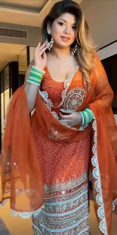 Orange Faux Georgette Mirror Embroidery Work Salwar Suit | Jump Suits, Salwar suit, Casual Suits, Creative suits, Designer Suits, Palazzo Suits, Party Wear Suits, Patiala Suits, Straight Suits