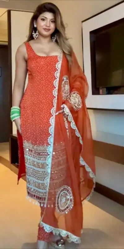 Orange Faux Georgette Mirror Embroidery Work Salwar Suit | Jump Suits, Salwar suit, Casual Suits, Creative suits, Designer Suits, Palazzo Suits, Party Wear Suits, Patiala Suits, Straight Suits