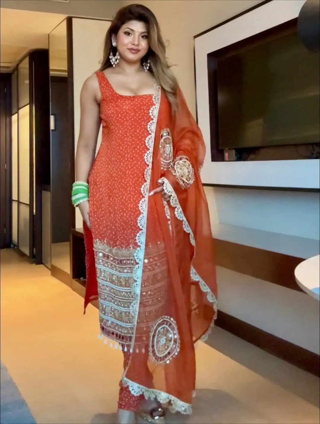 Orange Faux Georgette Mirror Embroidery Work Salwar Suit | Jump Suits, Salwar suit, Casual Suits, Creative suits, Designer Suits, Palazzo Suits, Party Wear Suits, Patiala Suits, Straight Suits