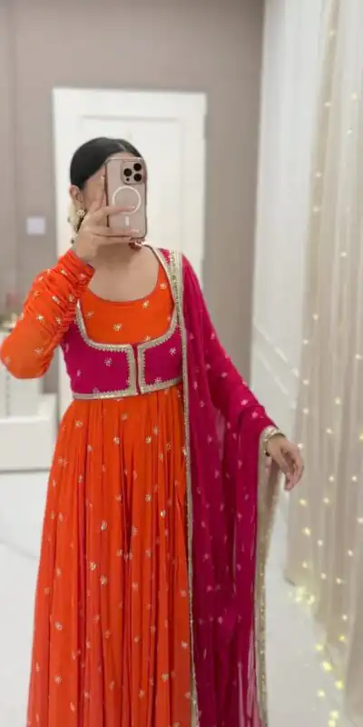 Orange Faux Georgette Sequence Lace Work Salwar Suit | Jump Suits, Salwar suit, Casual Suits, Creative suits, Designer Suits, Palazzo Suits, Party Wear Suits, Patiala Suits, Straight Suits