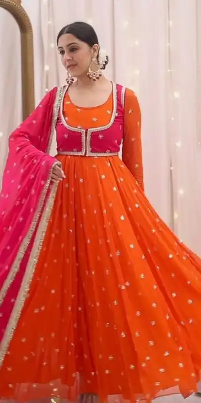Orange Faux Georgette Sequence Lace Work Salwar Suit | Jump Suits, Salwar suit, Casual Suits, Creative suits, Designer Suits, Palazzo Suits, Party Wear Suits, Patiala Suits, Straight Suits