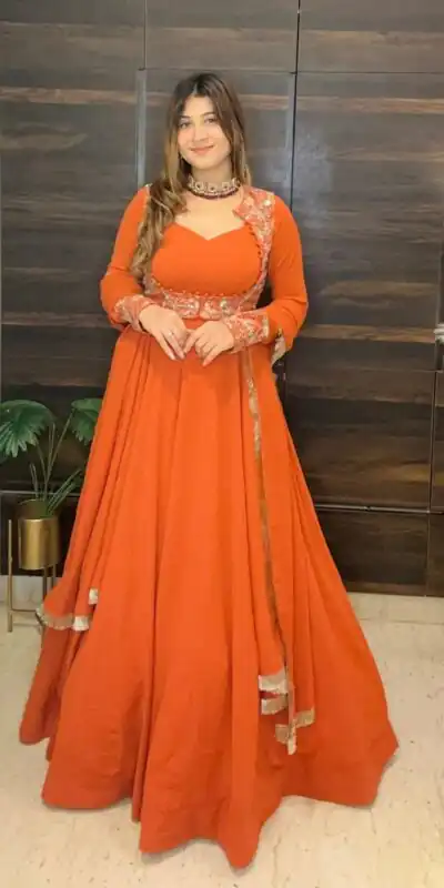 Orange Faux Georgette With Embroidery Work Salwar Suit | Jump Suits, Salwar suit, Casual Suits, Creative suits, Designer Suits, Palazzo Suits, Party Wear Suits, Patiala Suits, Straight Suits