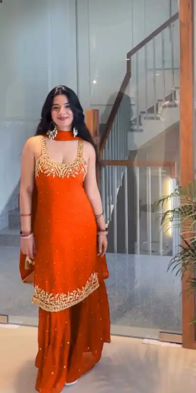 Orange Faux Georgette With Lace Work Salwar Suit | Jump Suits, Tops & Bottoms, Track Suits, Salwar suit, Casual Suits, Creative suits, Designer Suits, Palazzo Suits, Party Wear Suits, Patiala Suits, Straight Suits, Trendy Wear
