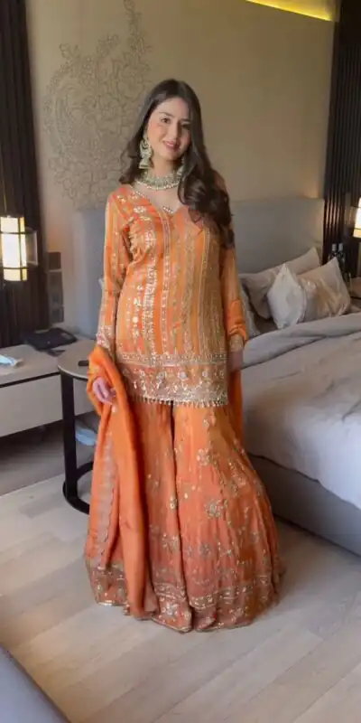 Orange Faux Georgette With Lace Work Salwar Suit | Jump Suits, Tops & Bottoms, Track Suits, Salwar suit, Casual Suits, Creative suits, Designer Suits, Palazzo Suits, Party Wear Suits, Patiala Suits, Straight Suits, Trendy Wear