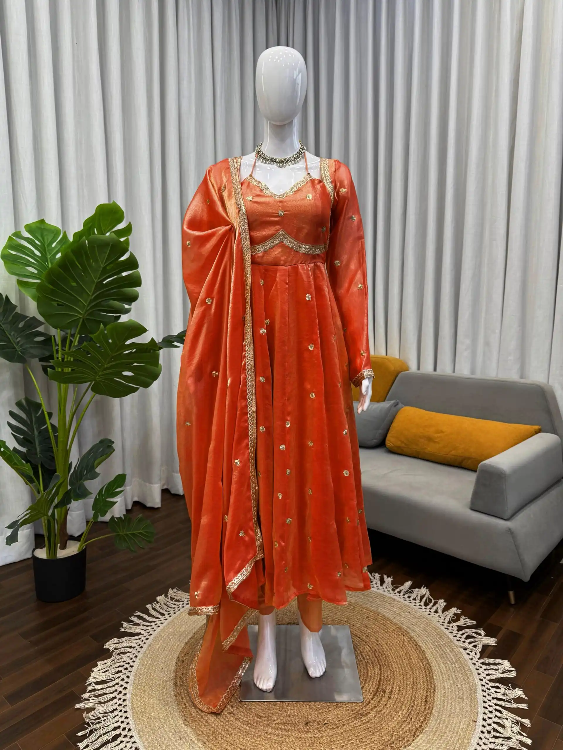 Orange Fendy Silk Lace Work Salwar Suit | Jump Suits, Salwar suit, Casual Suits, Creative suits, Designer Suits, Palazzo Suits, Party Wear Suits, Patiala Suits, Straight Suits
