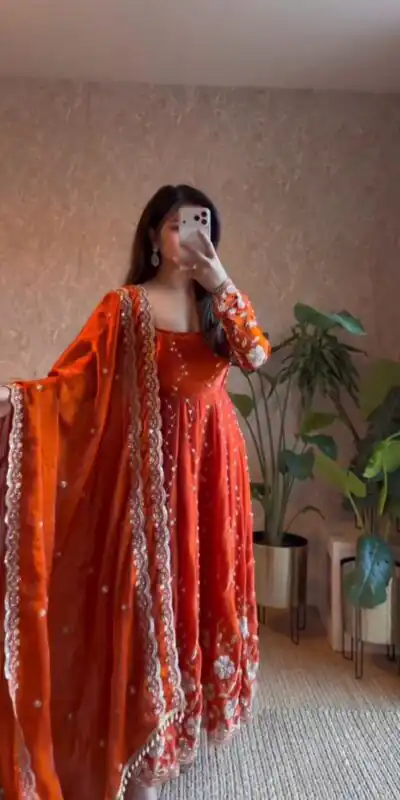 Orange Fendy Silk Sequence Work Salwar Suit | Jump Suits, Salwar suit, Casual Suits, Creative suits, Designer Suits, Palazzo Suits, Party Wear Suits, Patiala Suits, Straight Suits