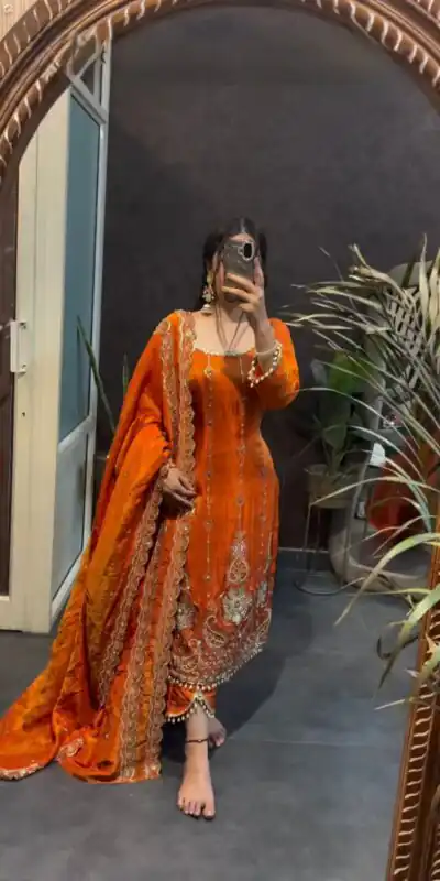 Orange Fendy Silk Thread Work Salwar Suit | Jump Suits, Salwar suit, Casual Suits, Creative suits, Designer Suits, Palazzo Suits, Party Wear Suits, Patiala Suits, Straight Suits
