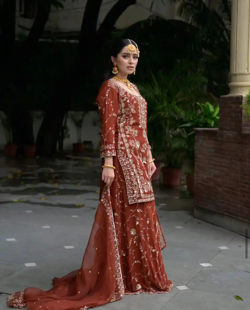 Orange Fox Georgette Embroidery Work Salwar Suit | Jump Suits, Salwar suit, Casual Suits, Creative suits, Designer Suits, Palazzo Suits, Party Wear Suits, Patiala Suits, Straight Suits