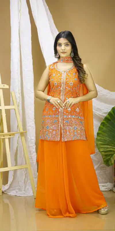 Orange Georgette Embroidery Work Salwar Suit | Jump Suits, Salwar suit, Casual Suits, Creative suits, Designer Suits, Palazzo Suits, Party Wear Suits, Patiala Suits, Straight Suits
