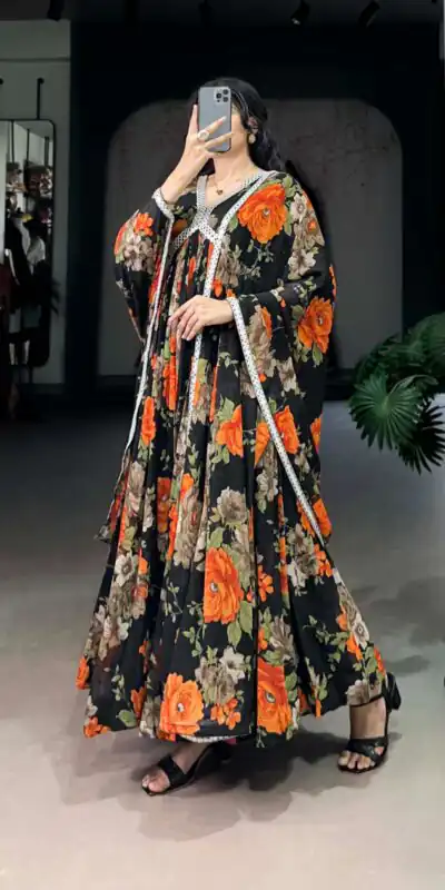 Orange Georgette Floral Printed Paper Mirror Lace Gown | Gowns, Bollywood Gowns, Creative Gowns, Designer Gowns, Embroidered Gowns, Party Wear Gowns