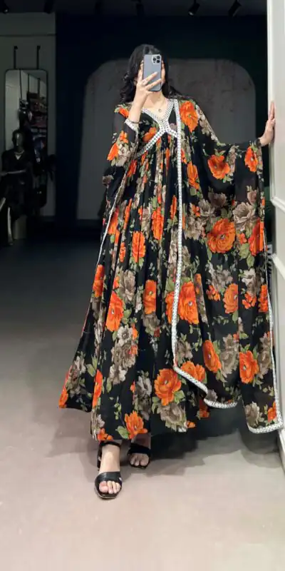 Orange Georgette Floral Printed Paper Mirror Lace Gown | Gowns, Bollywood Gowns, Creative Gowns, Designer Gowns, Embroidered Gowns, Party Wear Gowns