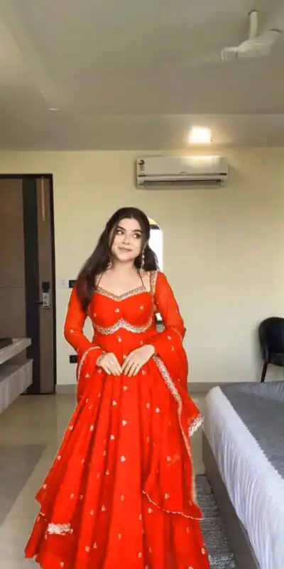 Orange Georgette Sequence Gown | Gowns, Bollywood Gowns, Creative Gowns, Designer Gowns, Embroidered Gowns, Party Wear Gowns
