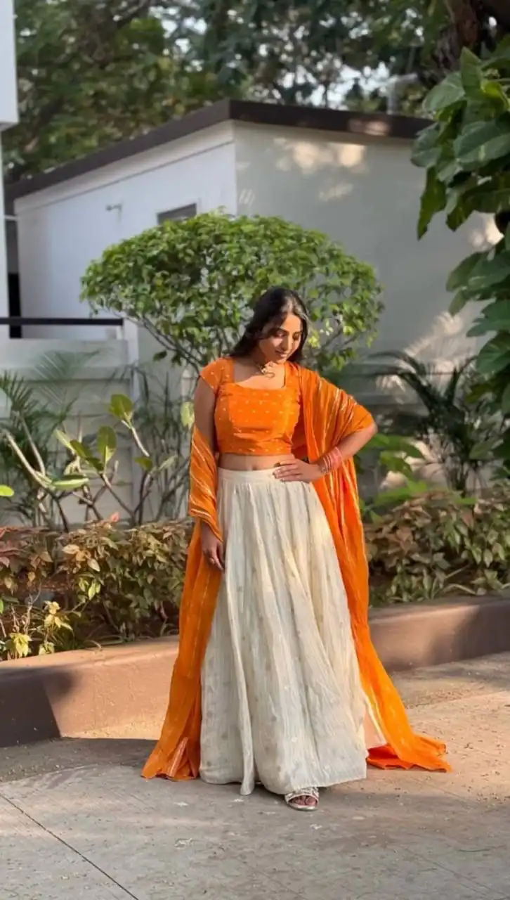 Orange Jacquard Silk Printed Lehenga Choli | Lehenga, Bollywood Lehenga, Creative Lehenga, Designer Lehenga, Embroidered Lehenga, Party Wear Lehenga