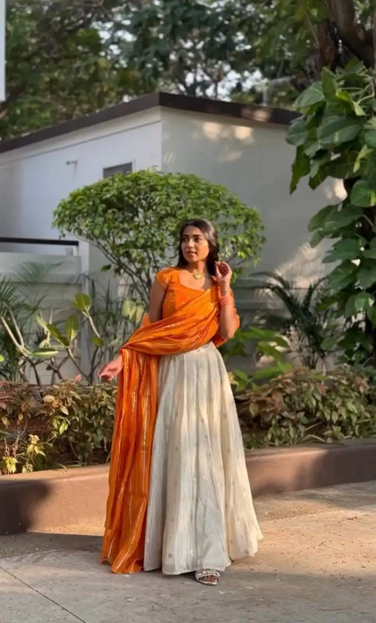 Orange Jacquard Silk Printed Lehenga Choli | Lehenga, Bollywood Lehenga, Creative Lehenga, Designer Lehenga, Embroidered Lehenga, Party Wear Lehenga