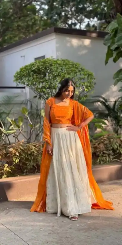 Orange Jacquard Silk Printed Lehenga Choli | Lehenga, Bollywood Lehenga, Creative Lehenga, Designer Lehenga, Embroidered Lehenga, Party Wear Lehenga