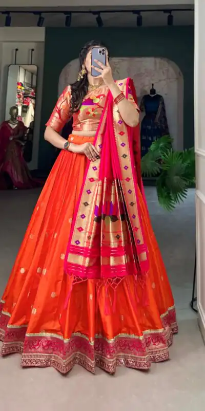Orange Jacquard Weaving Lehenga Choli | Lehenga, Bollywood Lehenga, Creative Lehenga, Designer Lehenga, Embroidered Lehenga, Party Wear Lehenga