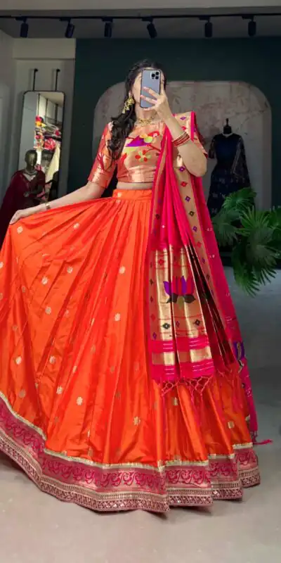 Orange Jacquard Weaving Lehenga Choli | Lehenga, Bollywood Lehenga, Creative Lehenga, Designer Lehenga, Embroidered Lehenga, Party Wear Lehenga