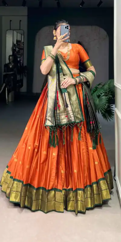 Orange Jacquard Zari Lehenga Choli | Lehenga, Bollywood Lehenga, Creative Lehenga, Designer Lehenga, Embroidered Lehenga, Party Wear Lehenga