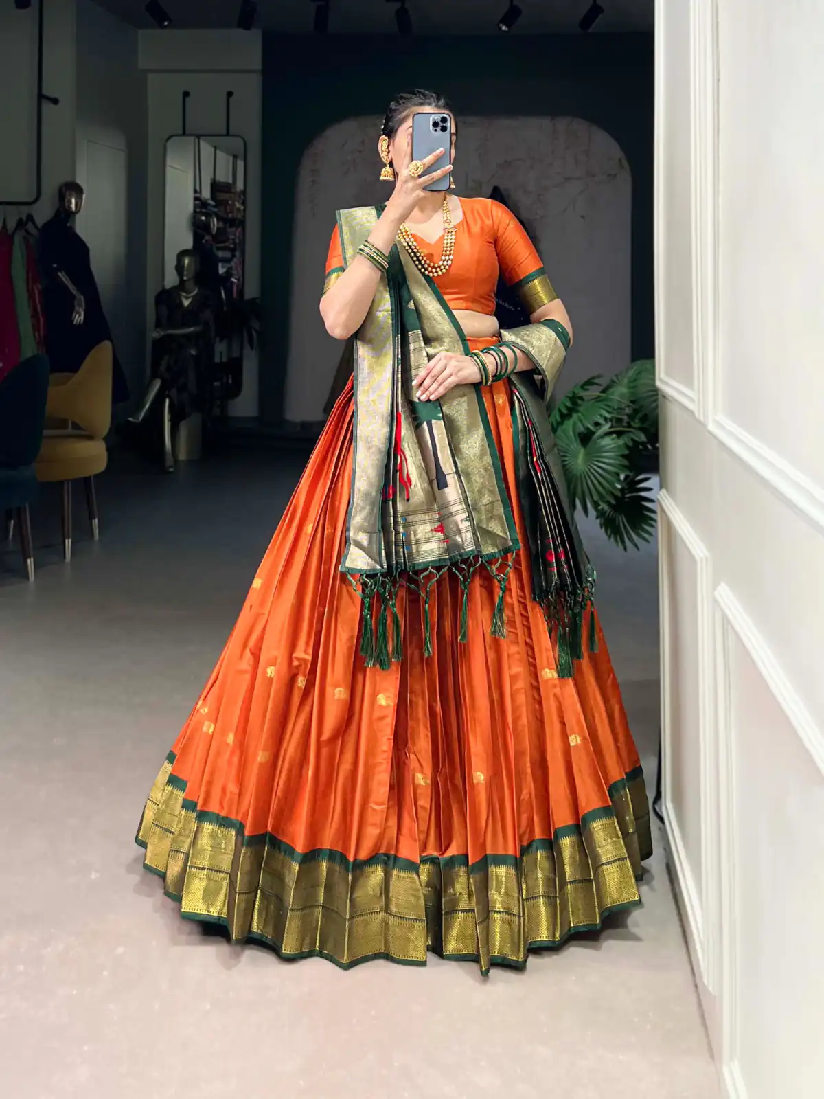 Orange Jacquard Zari Lehenga Choli | Lehenga, Bollywood Lehenga, Creative Lehenga, Designer Lehenga, Embroidered Lehenga, Party Wear Lehenga