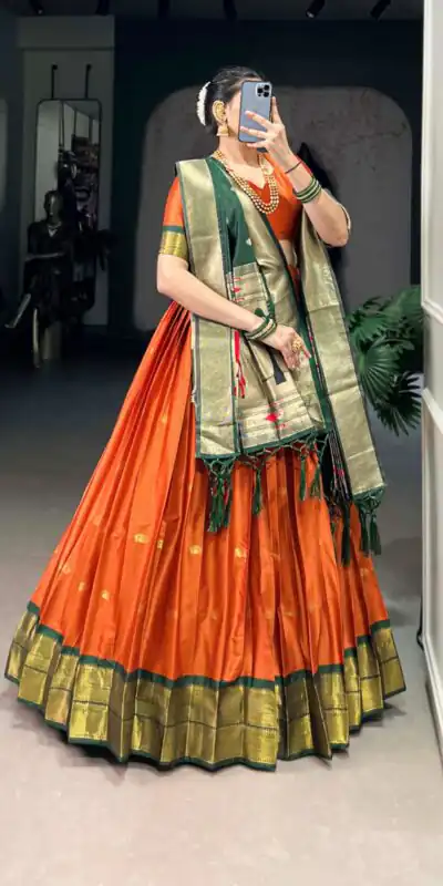 Orange Jacquard Zari Lehenga Choli | Lehenga, Bollywood Lehenga, Creative Lehenga, Designer Lehenga, Embroidered Lehenga, Party Wear Lehenga