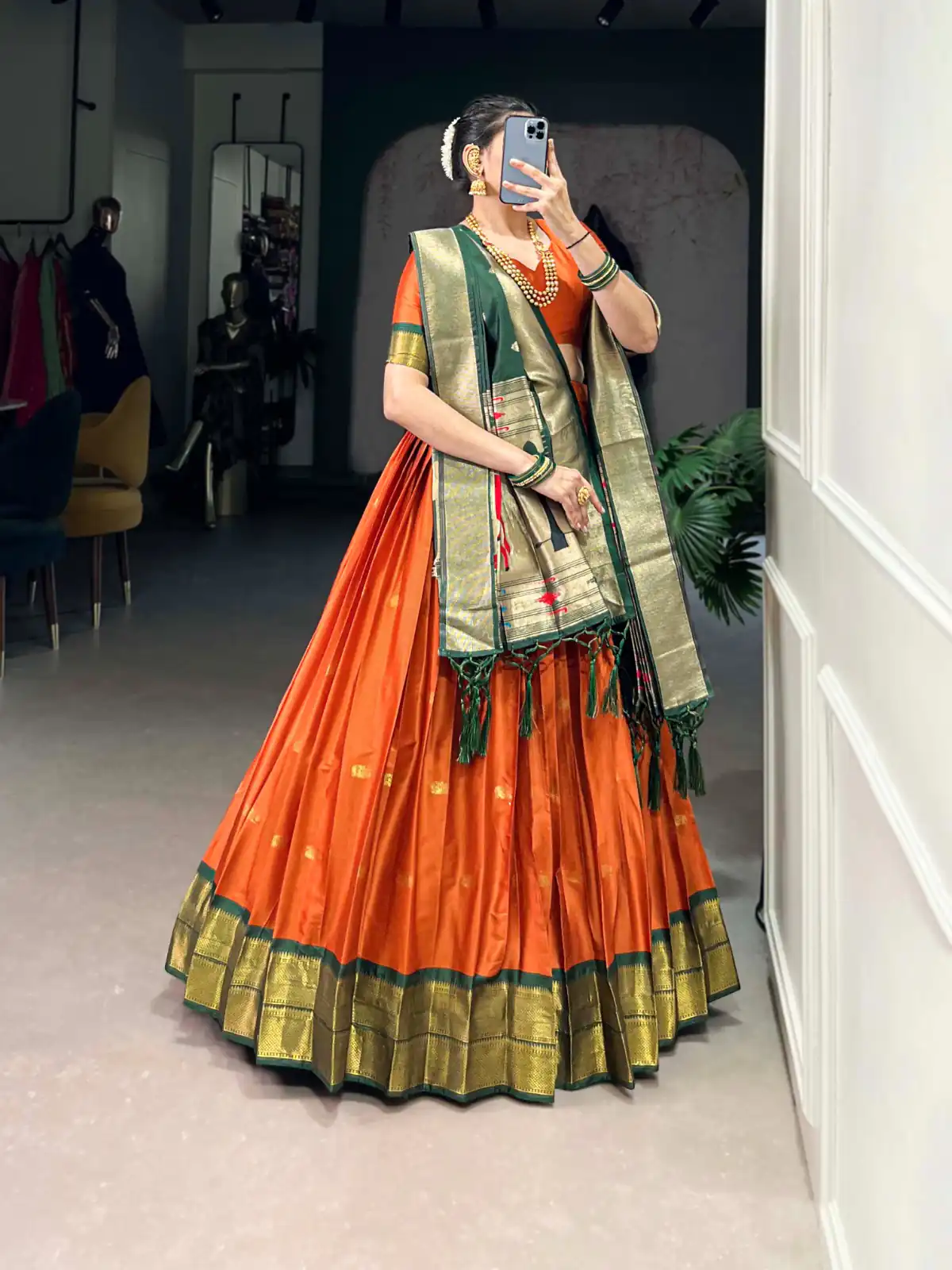 Orange Jacquard Zari Lehenga Choli | Lehenga, Bollywood Lehenga, Creative Lehenga, Designer Lehenga, Embroidered Lehenga, Party Wear Lehenga