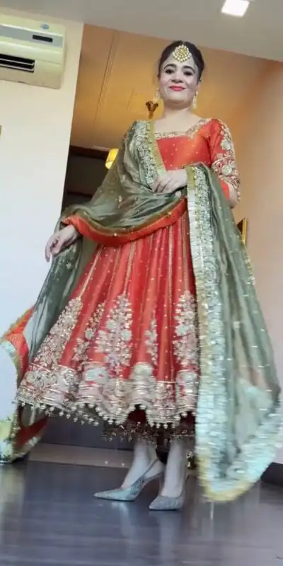 Orange JC Silk Embroidery Lace Work Gown | Gowns, Bollywood Gowns, Creative Gowns, Designer Gowns, Embroidered Gowns, Party Wear Gowns