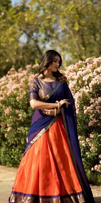 Orange Kanchipuram Zari Weaving Lehenga Choli | Lehenga, Bollywood Lehenga, Creative Lehenga, Designer Lehenga, Embroidered Lehenga, Party Wear Lehenga