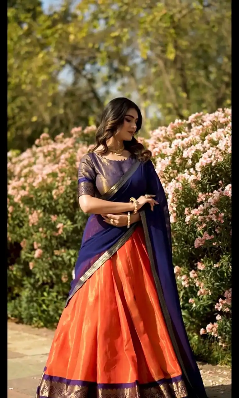 Orange Kanchipuram Zari Weaving Lehenga Choli | Lehenga, Bollywood Lehenga, Creative Lehenga, Designer Lehenga, Embroidered Lehenga, Party Wear Lehenga