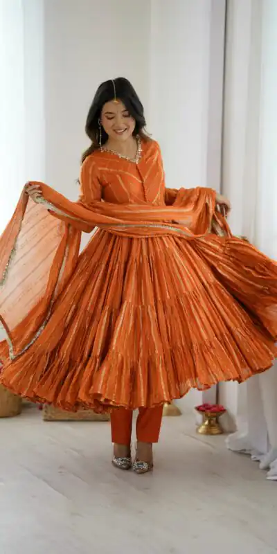 Orange Mal Chanderi Mirror Lace Work Gown | Gowns, Bollywood Gowns, Creative Gowns, Designer Gowns, Embroidered Gowns, Party Wear Gowns