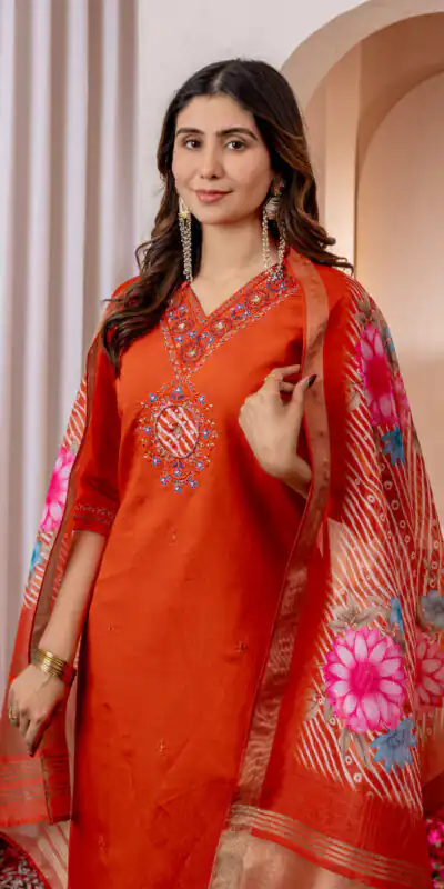 Orange Marina Silk Embroider Work Salwar Suit | Jump Suits, Salwar suit, Casual Suits, Creative suits, Designer Suits, Palazzo Suits, Party Wear Suits, Patiala Suits, Straight Suits
