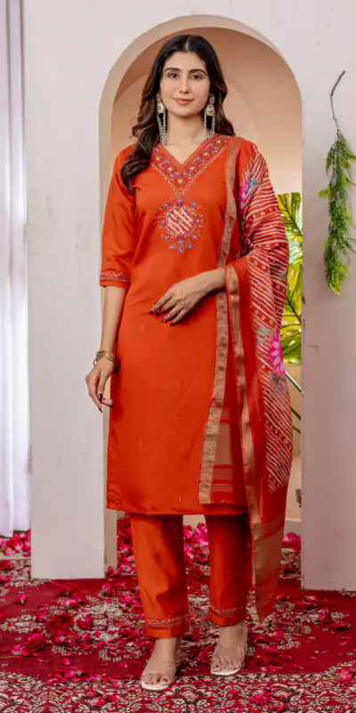 Orange Marina Silk Embroider Work Salwar Suit | Jump Suits, Salwar suit, Casual Suits, Creative suits, Designer Suits, Palazzo Suits, Party Wear Suits, Patiala Suits, Straight Suits