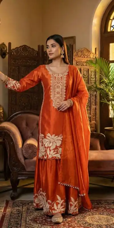 Orange Organza Silk Sequence Work Salwar Suit | Jump Suits, Salwar suit, Casual Suits, Creative suits, Designer Suits, Palazzo Suits, Party Wear Suits, Patiala Suits, Straight Suits