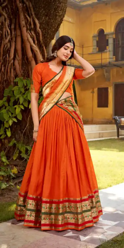 Orange Pure Chanderi Zari Weaving Work Lehenga Choli | Lehenga, Bollywood Lehenga, Creative Lehenga, Designer Lehenga, Embroidered Lehenga, Party Wear Lehenga