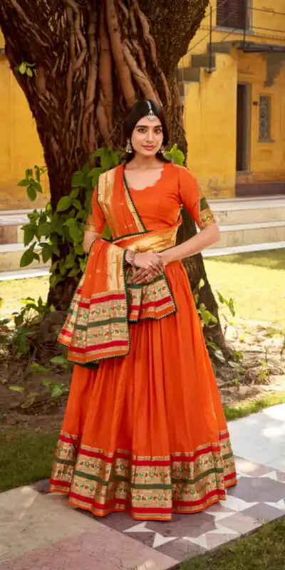 Orange Pure Chanderi Zari Weaving Work Lehenga Choli | Lehenga, Bollywood Lehenga, Creative Lehenga, Designer Lehenga, Embroidered Lehenga, Party Wear Lehenga