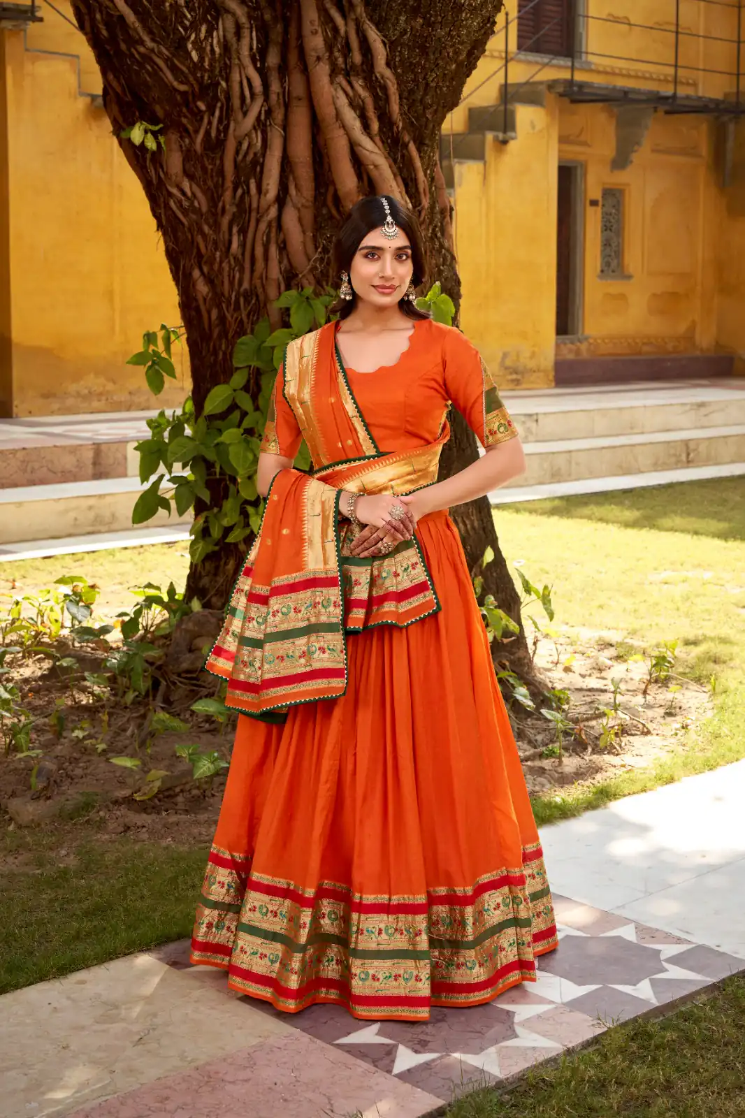 Orange Pure Chanderi Zari Weaving Work Lehenga Choli | Lehenga, Bollywood Lehenga, Creative Lehenga, Designer Lehenga, Embroidered Lehenga, Party Wear Lehenga