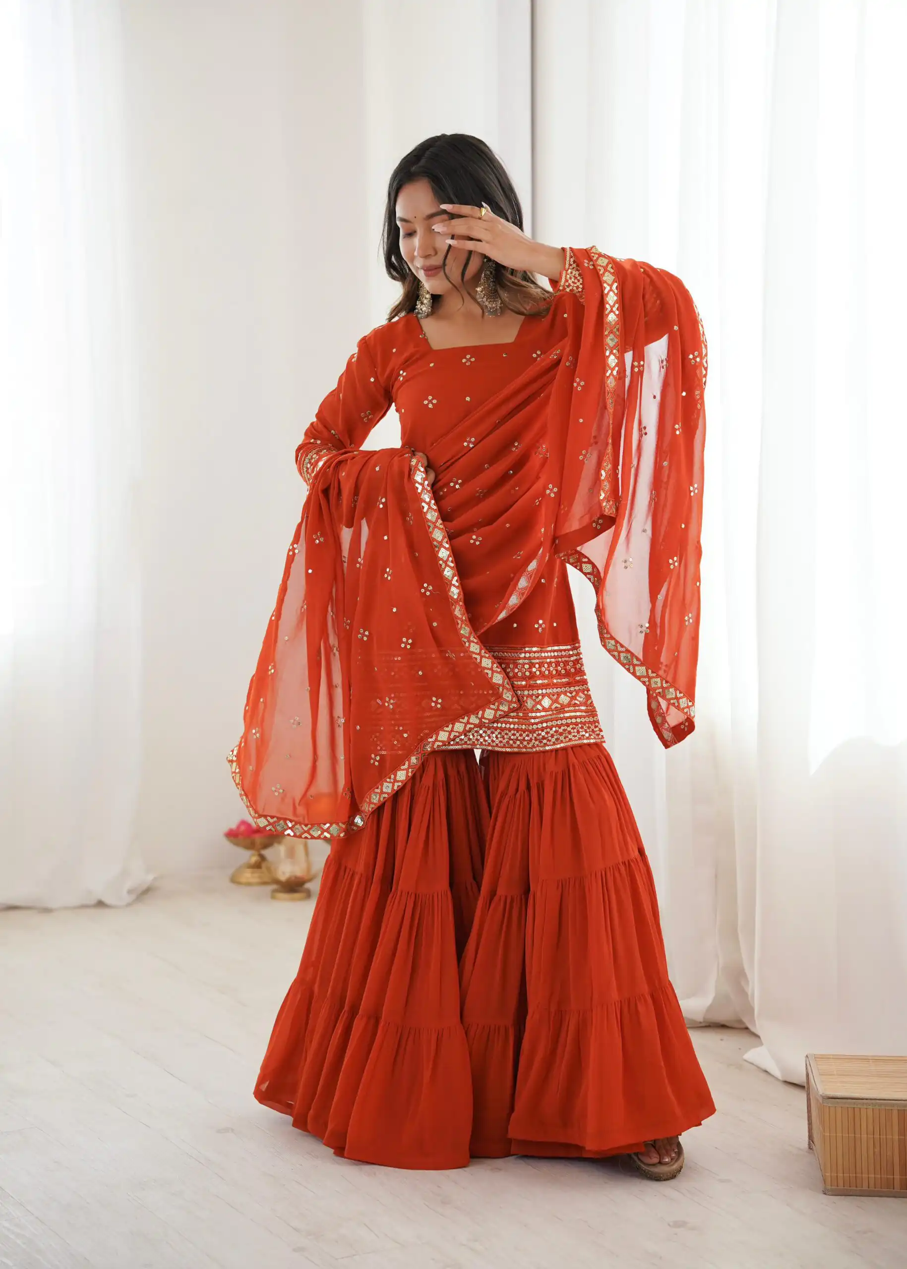 Orange Pure Georgette Sequence Work Salwar Suit | Jump Suits, Salwar suit, Casual Suits, Creative suits, Designer Suits, Palazzo Suits, Party Wear Suits, Patiala Suits, Straight Suits