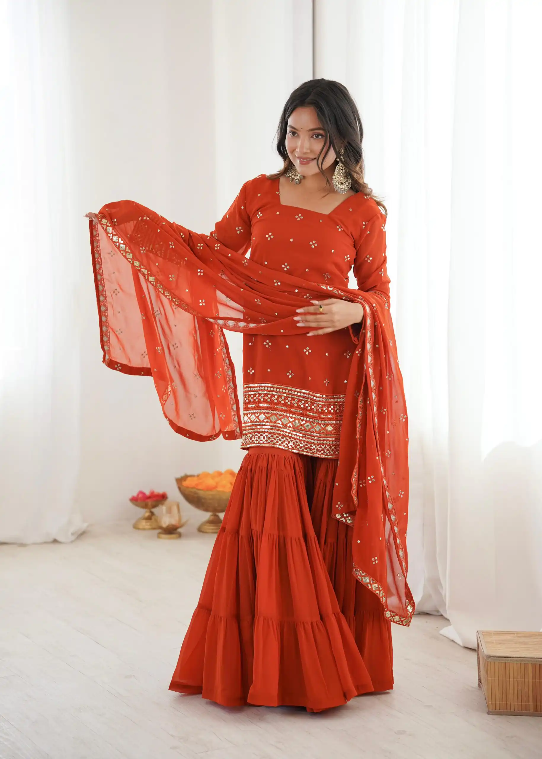 Orange Pure Georgette Sequence Work Salwar Suit | Jump Suits, Salwar suit, Casual Suits, Creative suits, Designer Suits, Palazzo Suits, Party Wear Suits, Patiala Suits, Straight Suits
