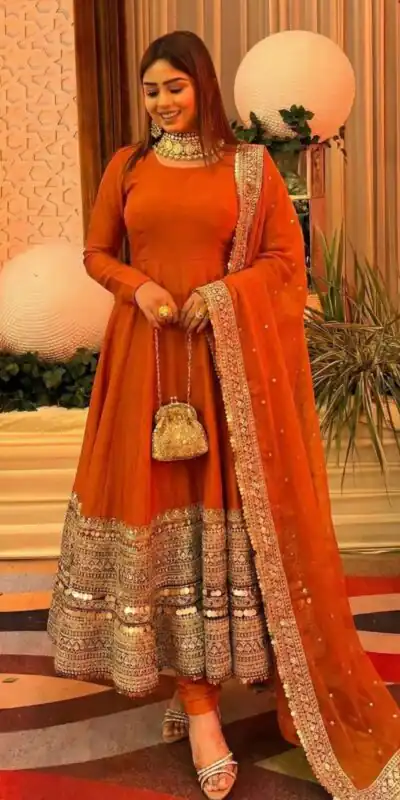 Orange Roman Silk Embroidery Lace Work Gown | Gowns, Bollywood Gowns, Creative Gowns, Designer Gowns, Embroidered Gowns, Party Wear Gowns