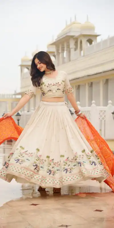 Orange Tissue Silk Embroidery Work Lehenga Choli | Lehenga, Bollywood Lehenga, Creative Lehenga, Designer Lehenga, Embroidered Lehenga, Party Wear Lehenga