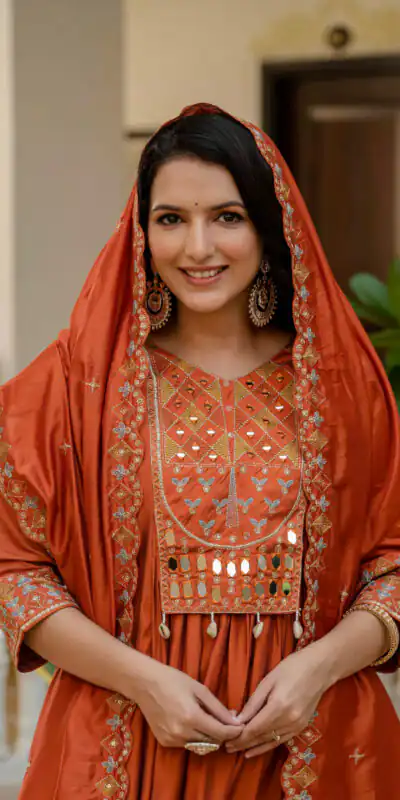 Orange Viscose Roman Silk Mirror Work Anarkali Suit | Anarkali Suits, Bollywood Anarkali, Creative-Anarkali, Designer Anarkali, Embroidered Anarkali, Party Wear Anarkali