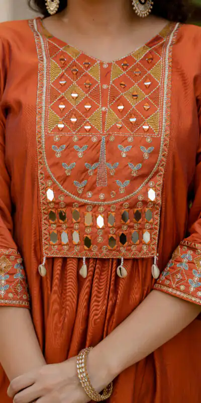 Orange Viscose Roman Silk Mirror Work Anarkali Suit | Anarkali Suits, Bollywood Anarkali, Creative-Anarkali, Designer Anarkali, Embroidered Anarkali, Party Wear Anarkali