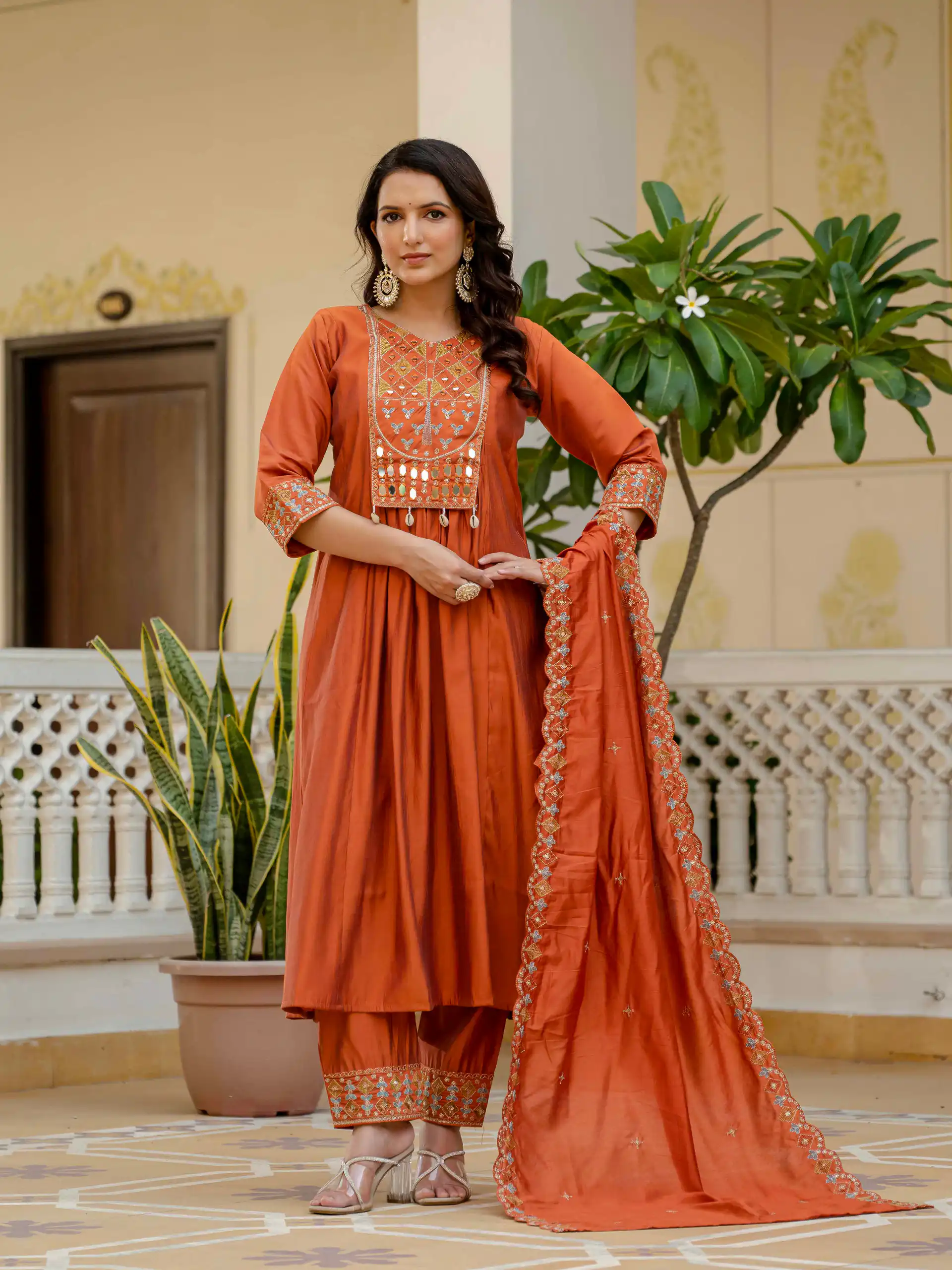 Orange Viscose Roman Silk Mirror Work Anarkali Suit | Anarkali Suits, Bollywood Anarkali, Creative-Anarkali, Designer Anarkali, Embroidered Anarkali, Party Wear Anarkali