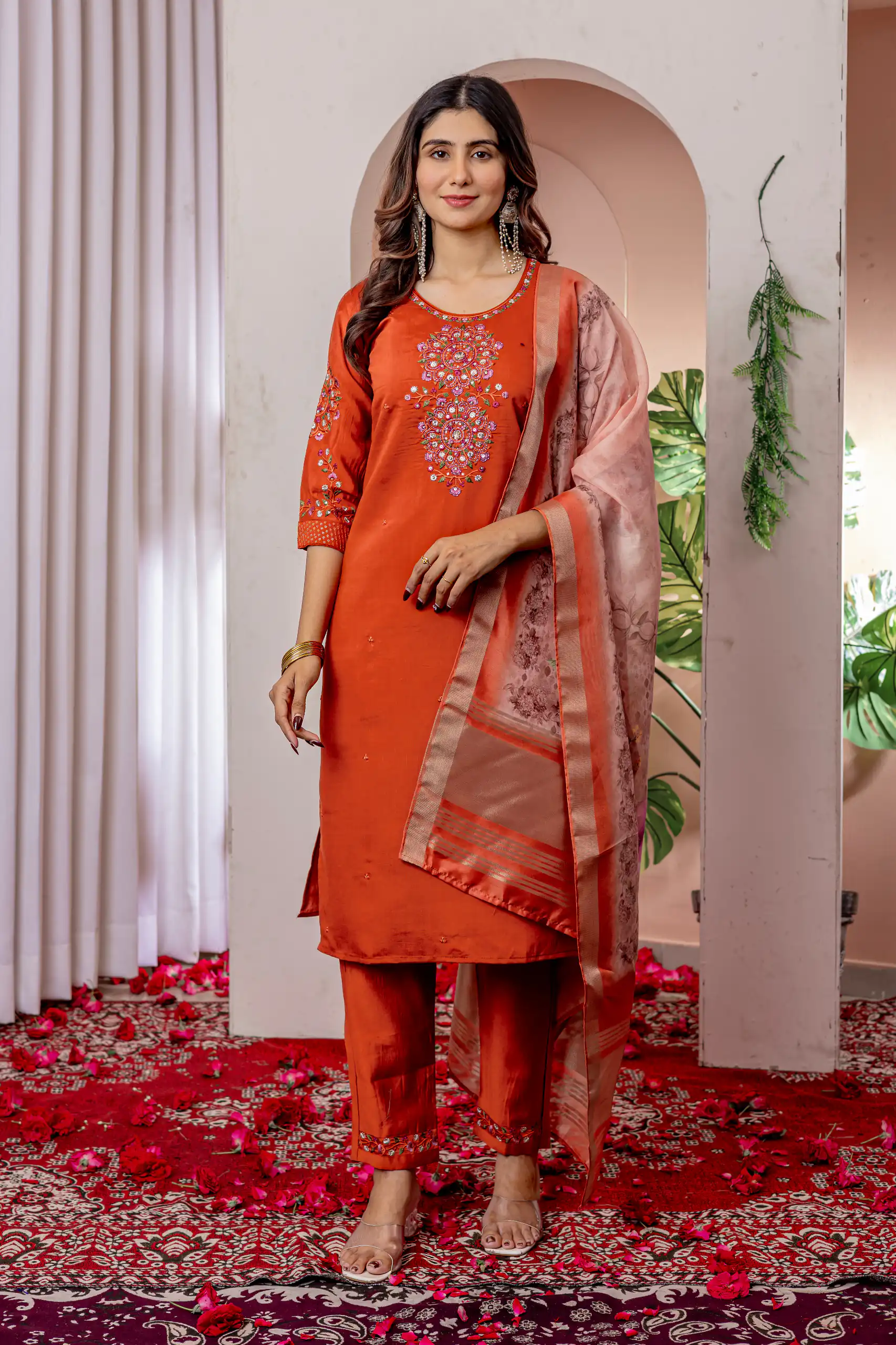 Orange Viscose Silk Thread Embroider Work Salwar Suit | Jump Suits, Salwar suit, Casual Suits, Creative suits, Designer Suits, Palazzo Suits, Party Wear Suits, Patiala Suits, Straight Suits