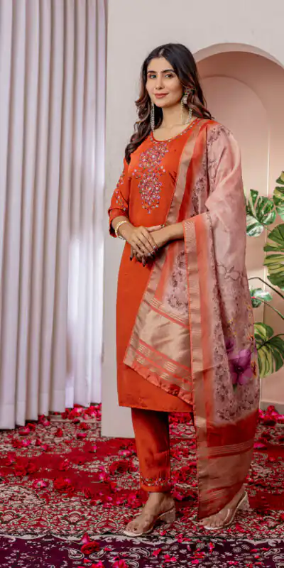 Orange Viscose Silk Thread Embroider Work Salwar Suit | Jump Suits, Salwar suit, Casual Suits, Creative suits, Designer Suits, Palazzo Suits, Party Wear Suits, Patiala Suits, Straight Suits
