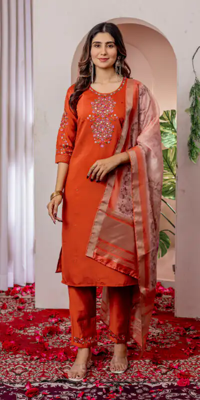 Orange Viscose Silk Thread Embroider Work Salwar Suit | Jump Suits, Salwar suit, Casual Suits, Creative suits, Designer Suits, Palazzo Suits, Party Wear Suits, Patiala Suits, Straight Suits