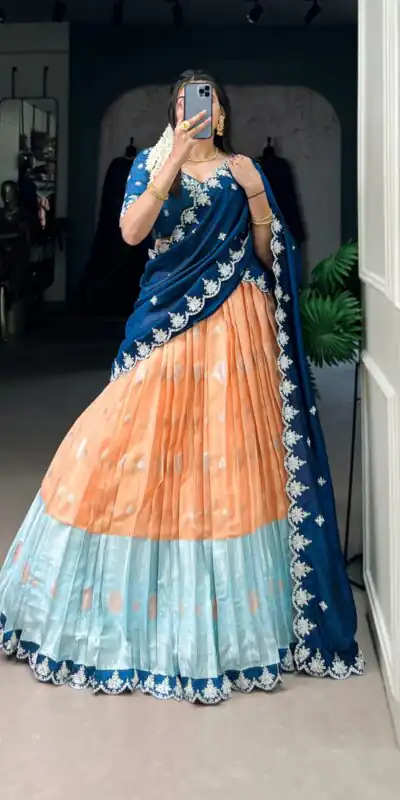 Orange Zari Kota Thread Lehenga Choli | Lehenga, Bollywood Lehenga, Creative Lehenga, Designer Lehenga, Embroidered Lehenga, Party Wear Lehenga