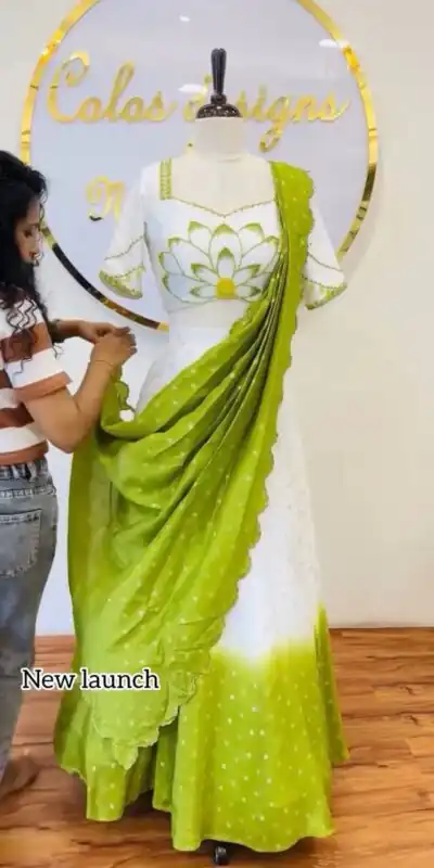 Parrot Green Chinon Digital Print Lehenga Choli | Lehenga, Bollywood Lehenga, Creative Lehenga, Designer Lehenga, Embroidered Lehenga, Party Wear Lehenga