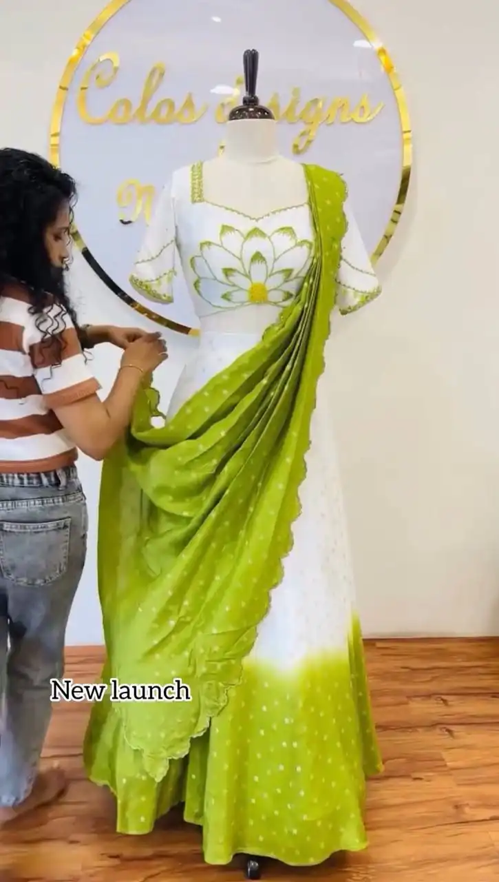 Parrot Green Chinon Digital Print Lehenga Choli | Lehenga, Bollywood Lehenga, Creative Lehenga, Designer Lehenga, Embroidered Lehenga, Party Wear Lehenga