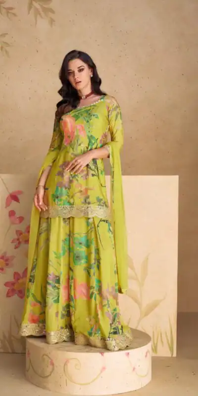 Parrot Green Chinon Printed Embroidery Work Sharara Suit | Jump Suits, Salwar suit, Casual Suits, Creative suits, Designer Suits, Palazzo Suits, Party Wear Suits, Patiala Suits, Straight Suits